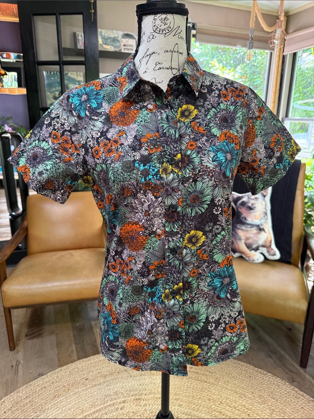 Wildfang Black Floral Button-Up Shirt with Teal, Orange & Yellow Accents - Picture 2 of 10